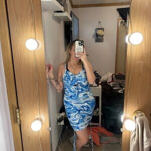 Blue and White Bodycon Mini Dress with Spaghetti Straps